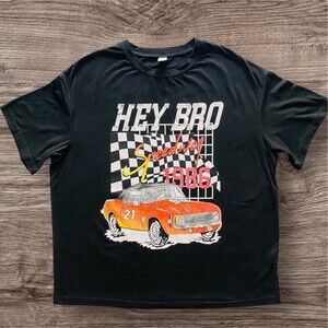 Race Car Speedway 1986 “Hey Bro” Graphic Black ROMWE T-Shirt Men’s Size Medium